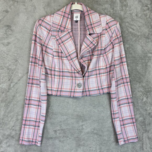 Cabi Cropped Blazer Womens XS Pink Plaid Button Front Long Sleeve Jacket 6257 - Picture 1 of 11